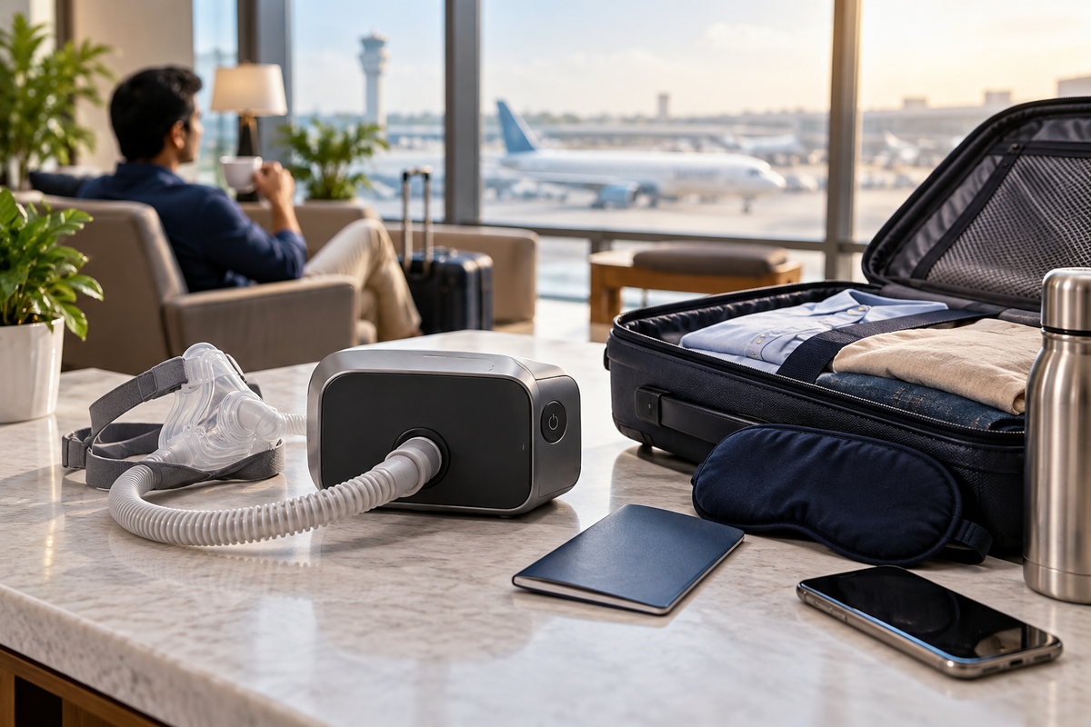 Portable CPAP machine prepared for travel