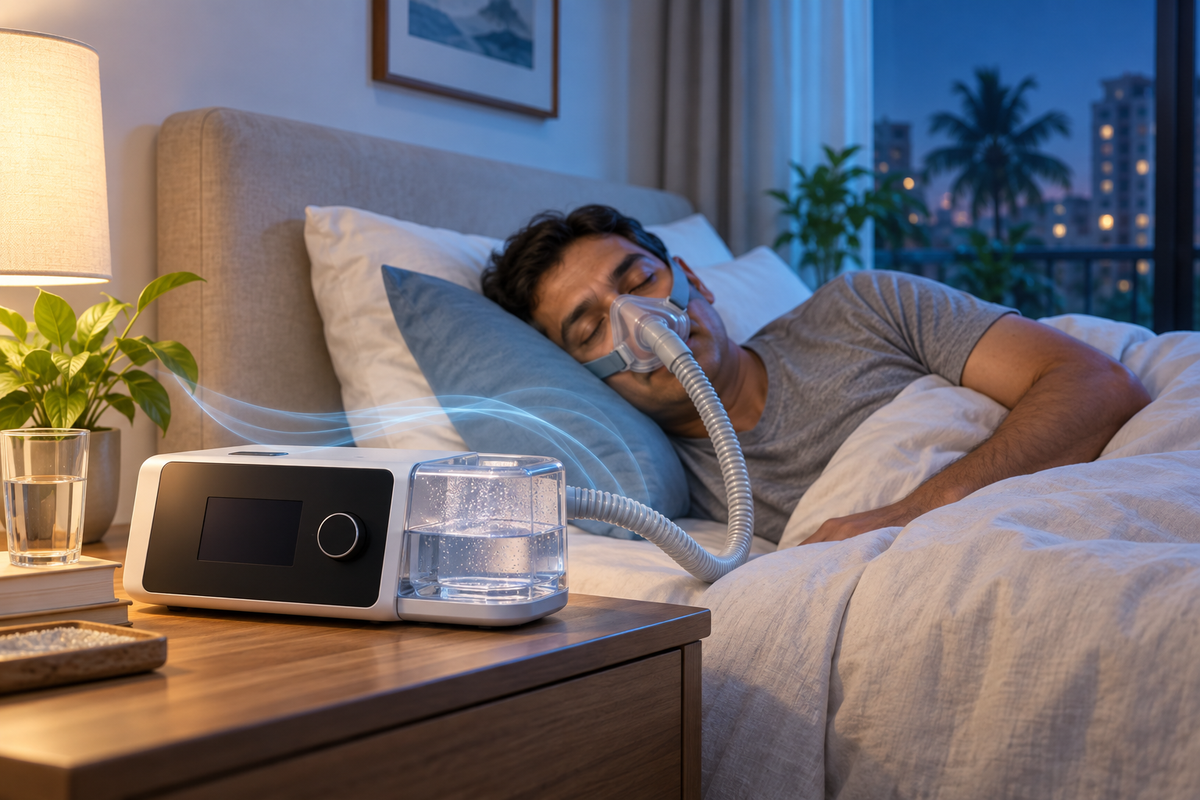 Quiet CPAP machine with integrated humidifier