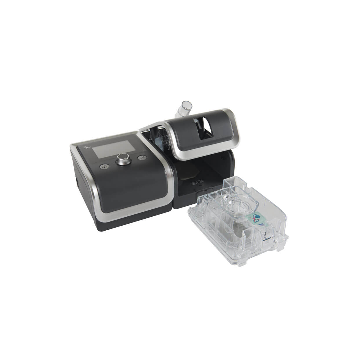 BMC RESmart G2 BPAP System Y 30T with the humidifier compartment open, showing the removable water tank taken out and placed outside.