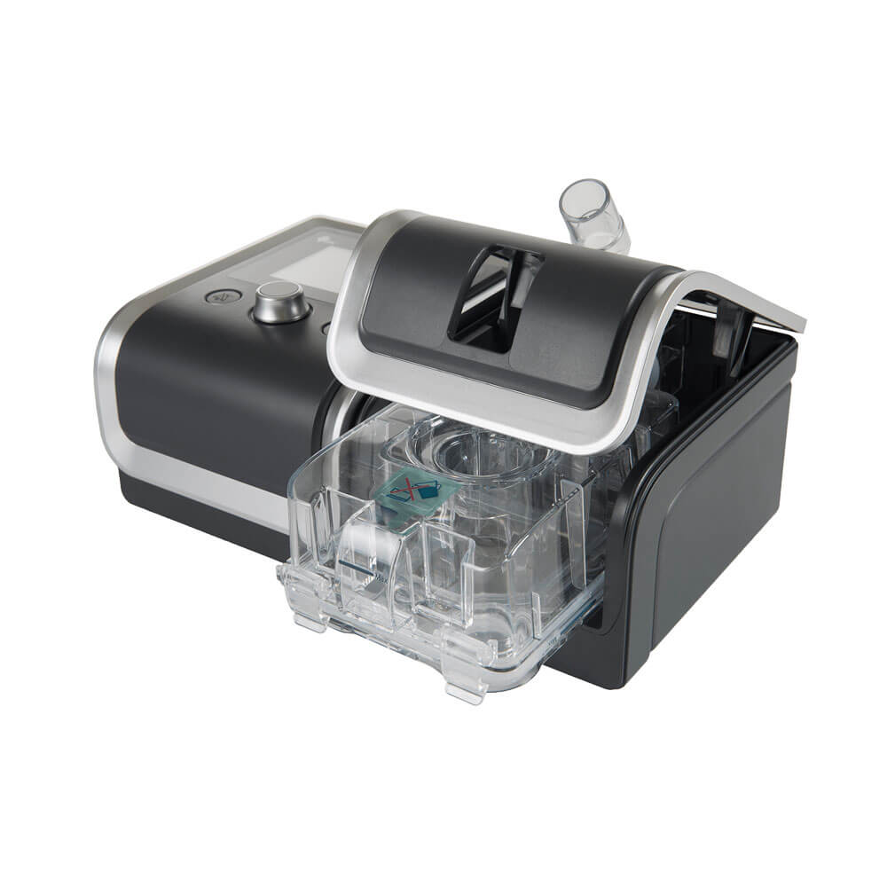 BMC RESmart G2 Auto CPAP System with the humidifier compartment open, showing the removable water tank.