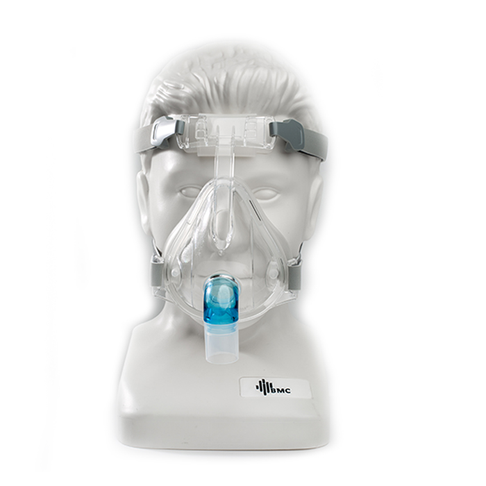 A mannequin wearing a BMC F2 Full Face Mask with Standard Elbow.