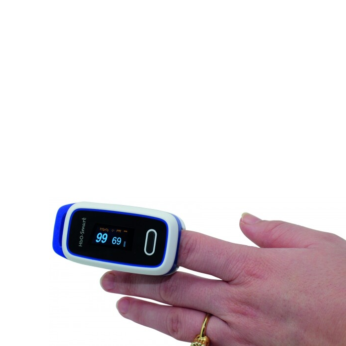 Drive DeVilbiss HbO Smart Finger Pulse Oximeter worn on the index finger for monitoring oxygen saturation and pulse rate.