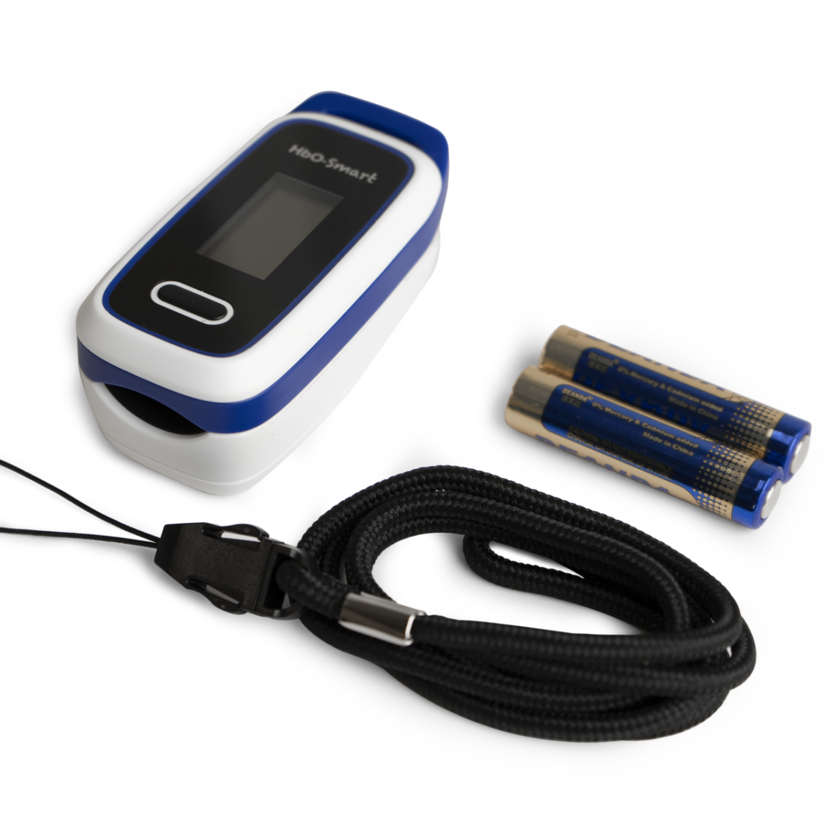 The Drive DeVilbiss HbO Smart Finger Pulse Oximeter comes with 2 AAA batteries and a lanyard.