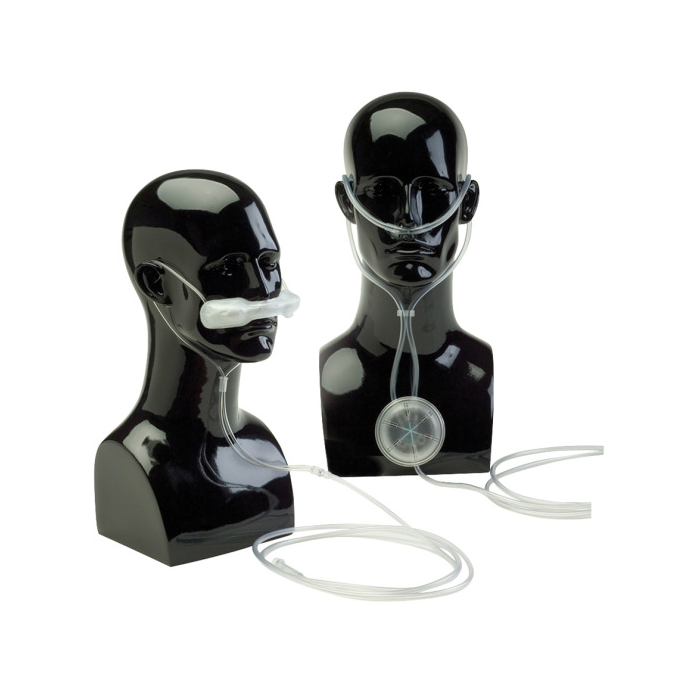 Two mannequins wearing the Drive Devilbiss Oxymizer Pendant P 224 oxygen-conserving device for oxygen therapy.