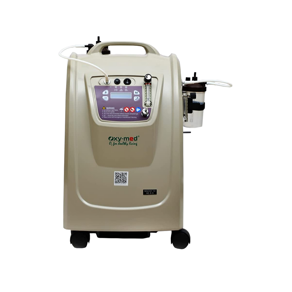Oxymed Mini 10 LPM home oxygen concentrator with ergonomic handle, dual oxygen outlets, flow meter, and mobility wheels.