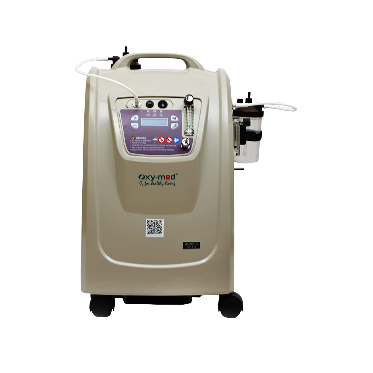 Oxymed Mini 10 LPM home oxygen concentrator with ergonomic handle, dual oxygen outlets, flow meter, and mobility wheels.