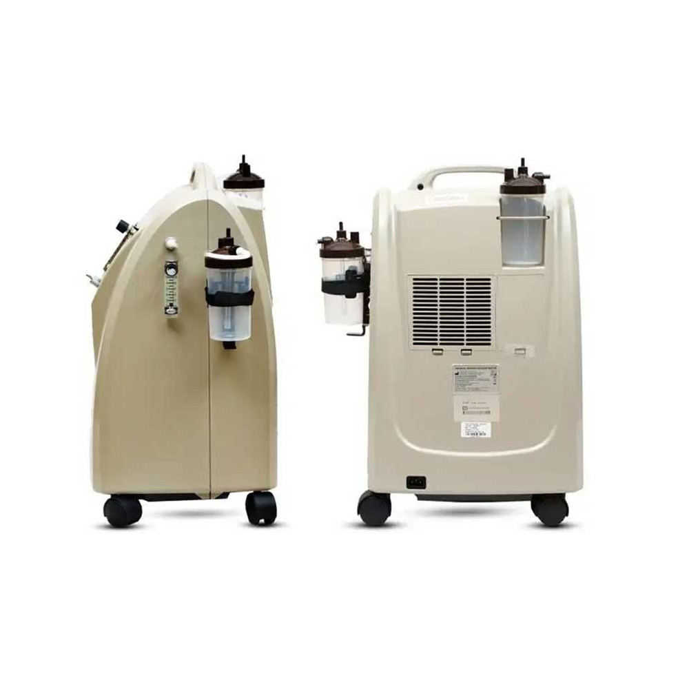 Back and side view of the Oxymed Mini 10 LPM home oxygen concentrator.