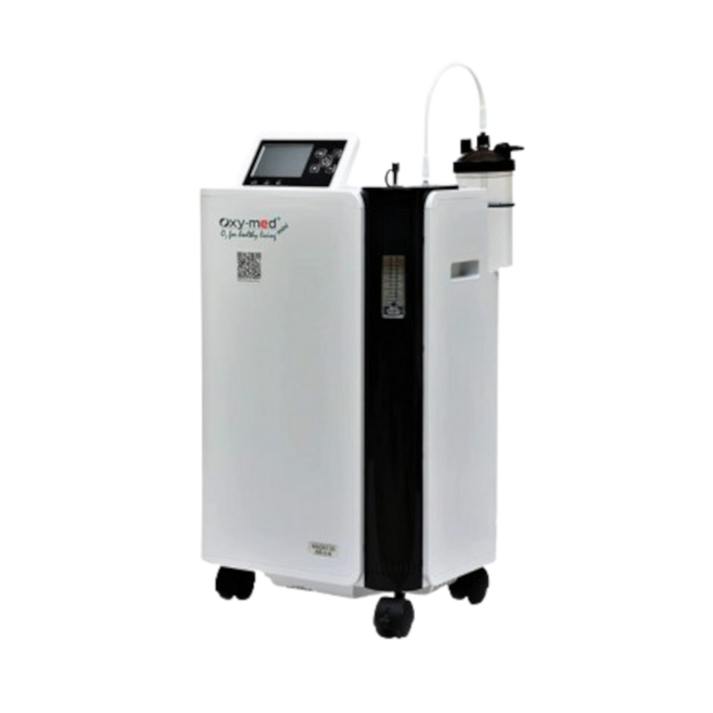 Side view of Oxymed Mini 5 Lpm Home Oxygen Concentrator with humidifier bottle attached.