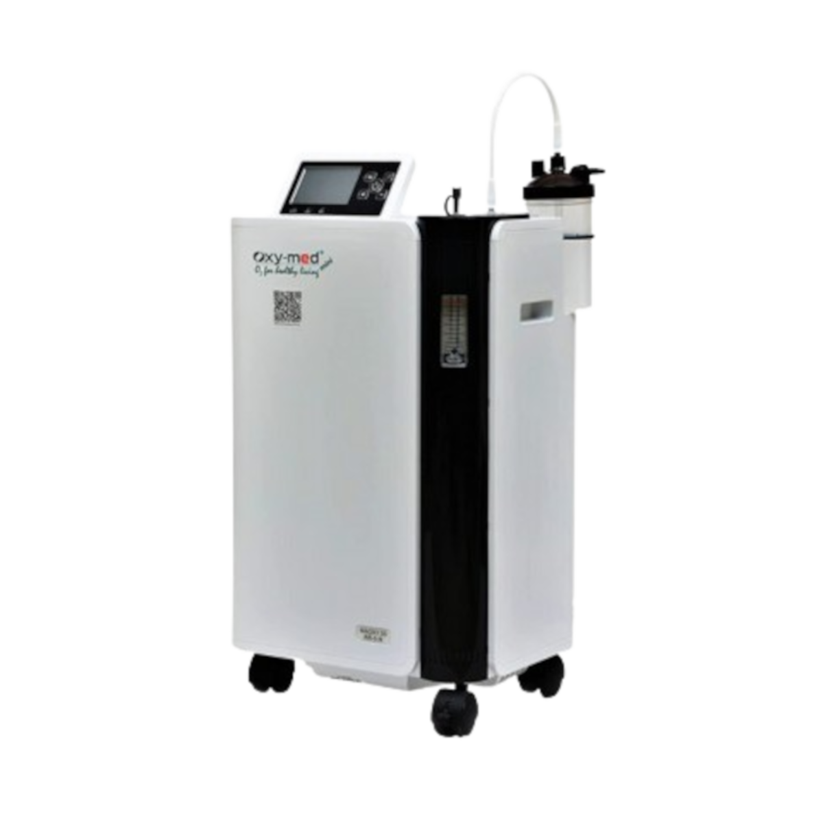 Side view of Oxymed Mini 5 Lpm Home Oxygen Concentrator with humidifier bottle attached.
