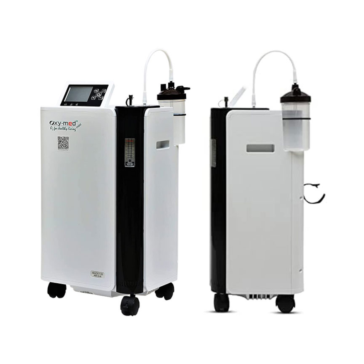 Angled and side perspective of the Oxymed Mini 5 Lpm Home Oxygen Concentrator.