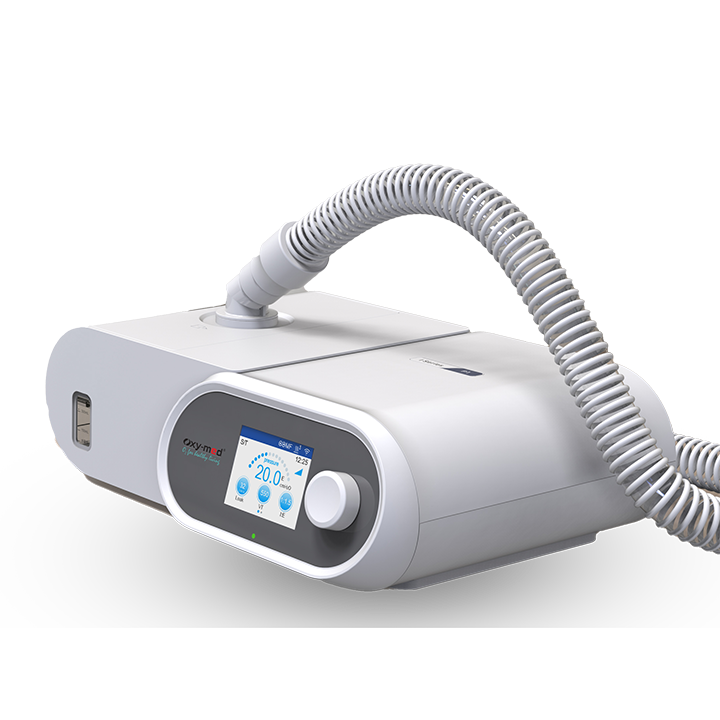 Side view of Oxymed SleepEasy Auto CPAP with removable humidifier compartment.