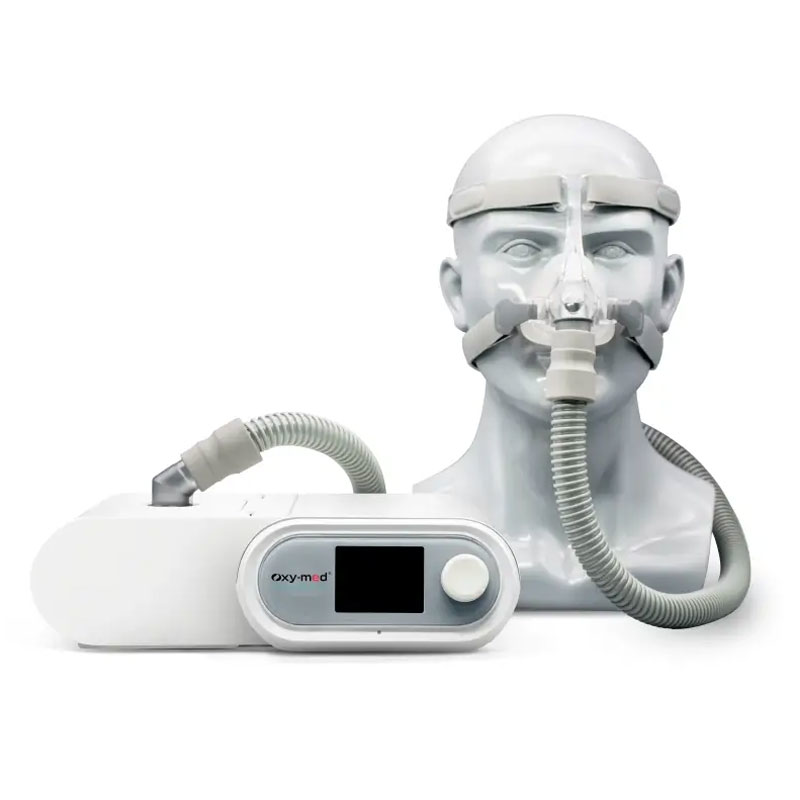 Oxymed SleepEasy Auto CPAP is attached to a mannequin with a nasal mask.