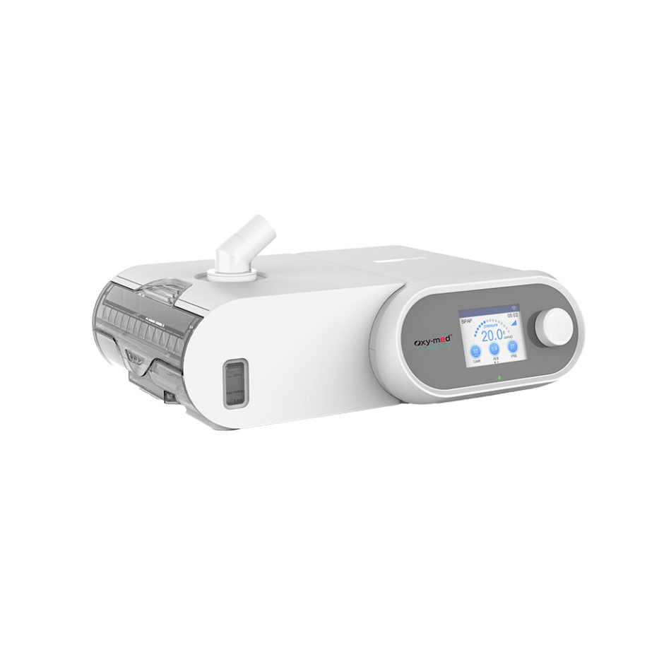 Oxymed AirSmart BPAP ST BiPAP device with LCD display and rotary control knob in front and a detachable humidifier.