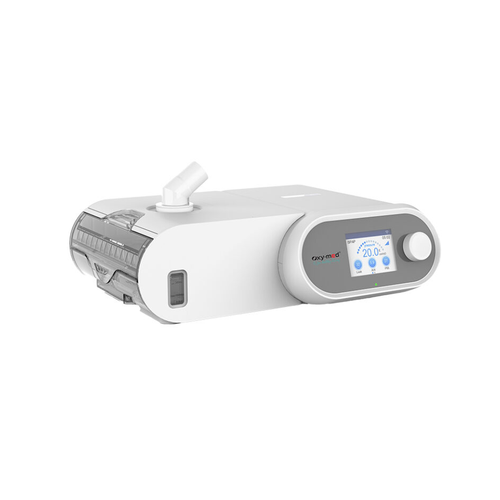 Oxymed AirSmart BPAP ST BiPAP device with LCD display and rotary control knob in front and a detachable humidifier.
