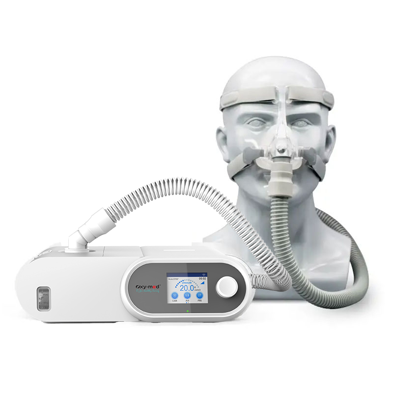 Oxymed AirSmart BPAP ST BiPAP device with a mannequin wearing a nasal mask connected to the machine.
