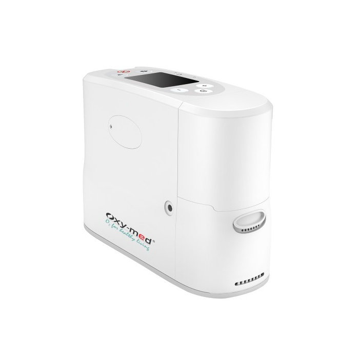 Oxymed P2 Portable Oxygen Concentrator with a capacity of 1.2 liters of oxygen in pulse mode, FAA-approved for inside flights, and featuring a detachable lithium-ion rechargeable battery.