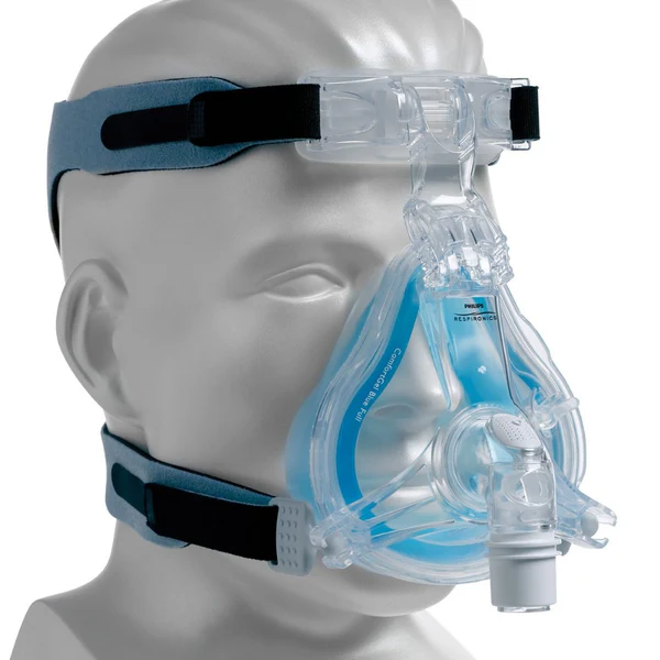 A mannequin with a Philips Respironics TrueBlue Full Face mask and headgear.