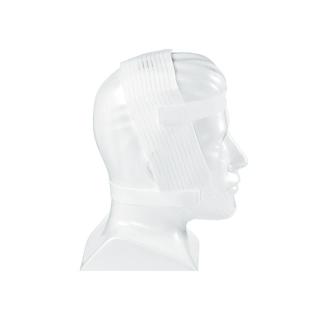 Side view of the Philips Respironics Deluxe Chin Strap in white, made of elastic and fabric, worn on a mannequin.