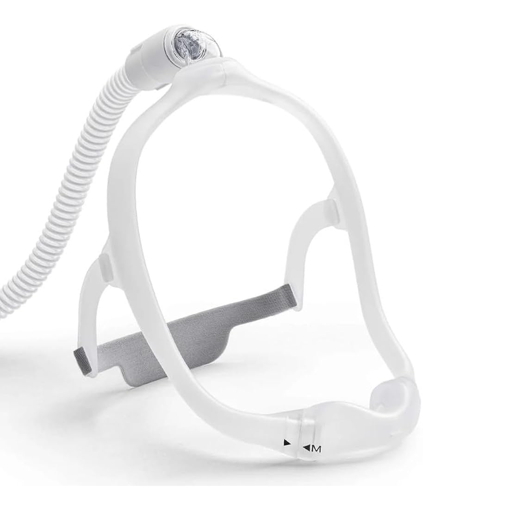 Side view of the Philips Respironics DreamWear Under-the-Nose Nasal Mask connected to a CPAP tube.