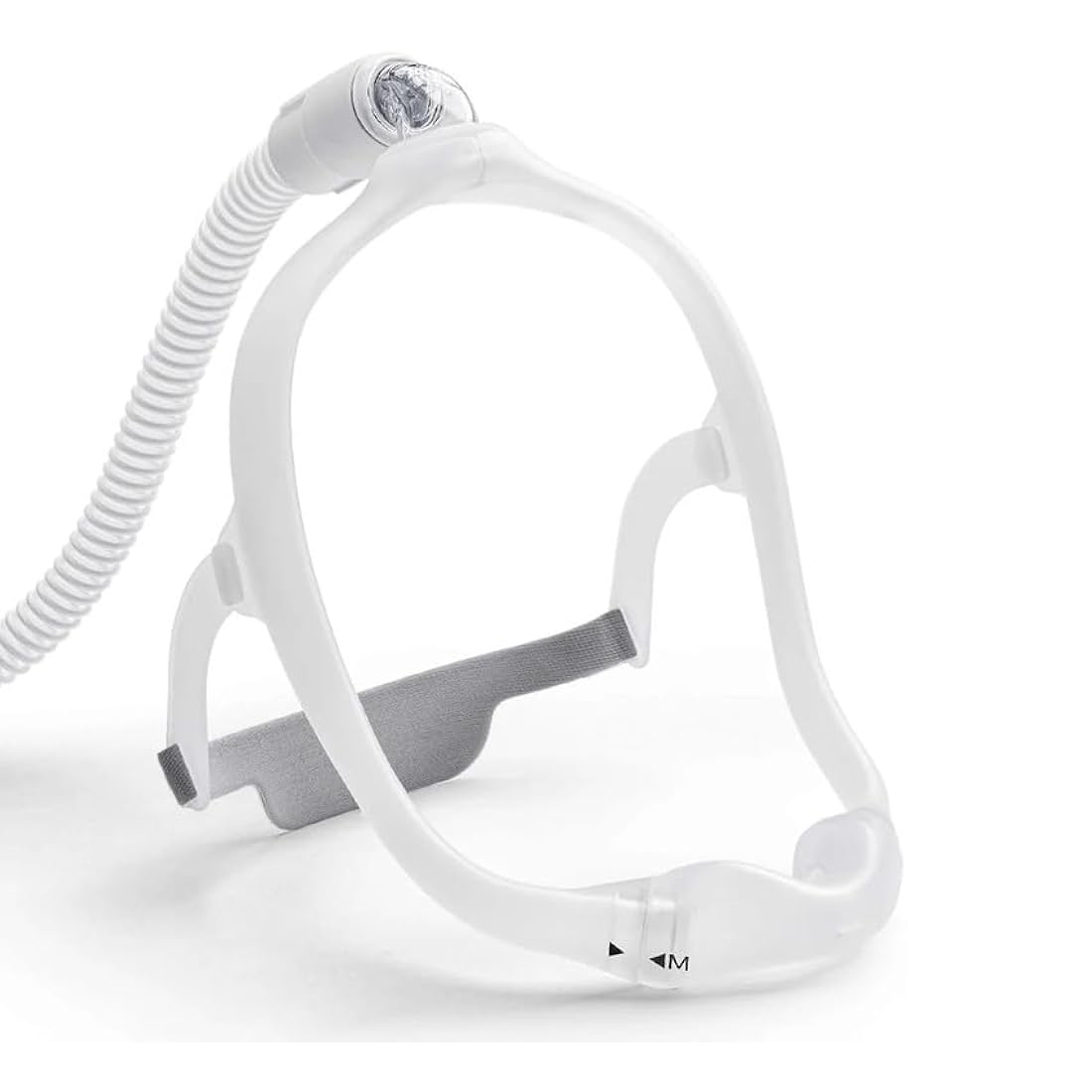 Side view of the Philips Respironics DreamWear Under-the-Nose Nasal Mask connected to a CPAP tube.