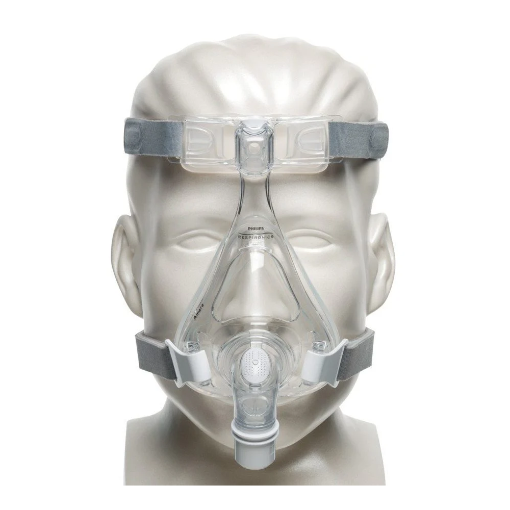 A mannequin wearing the Philips Respironics Amara Full Face mask with four-point headgear