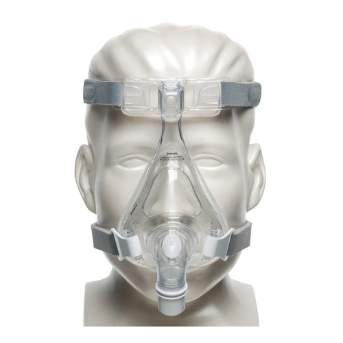A mannequin wearing the Philips Respironics Amara Full Face mask with four-point headgear