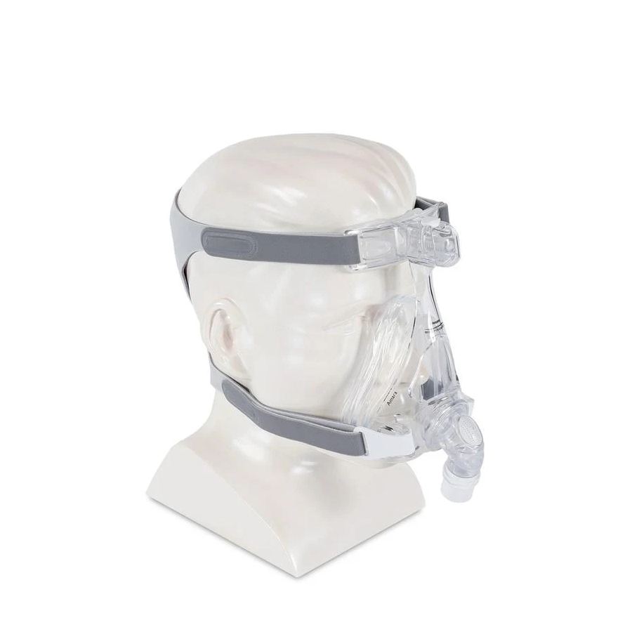 A side view of a mannequin wearing the Philips Respironics Amara Full face mask with fourpoint headgear