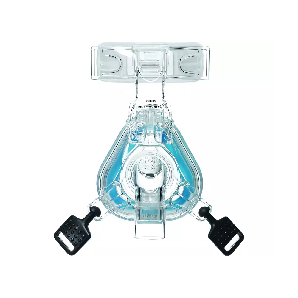 A frontal view of the Philips Respironics ComfortGel Blue Nasal Mask, with silicone forehead pad and gel nasal cushion designed for CPAP therapy
