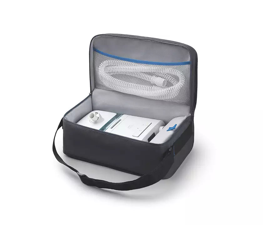 Inside view of the Philips Respironics Dreamstation Auto CPAP with humidifier attached, placed inside the travel shoulder bag with the tube in a pouch.