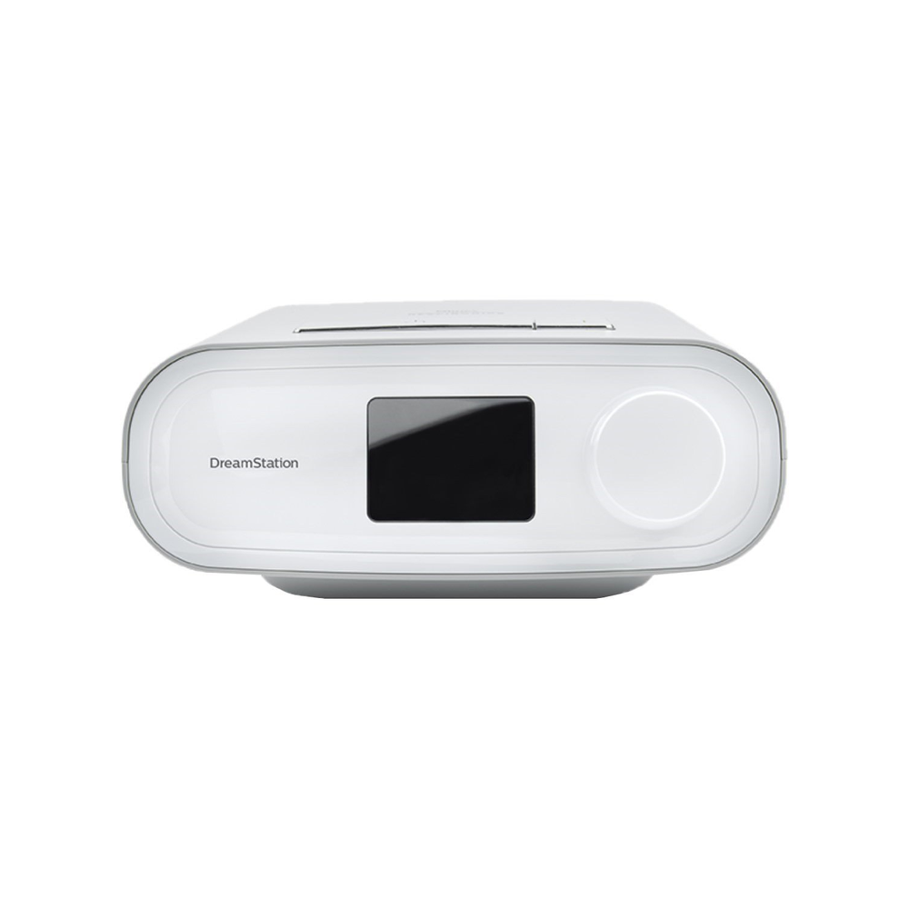 Philips Respironics DreamStation Auto CPAP has a compact, sleek design with an LCD display and a rotary control knob on the front.