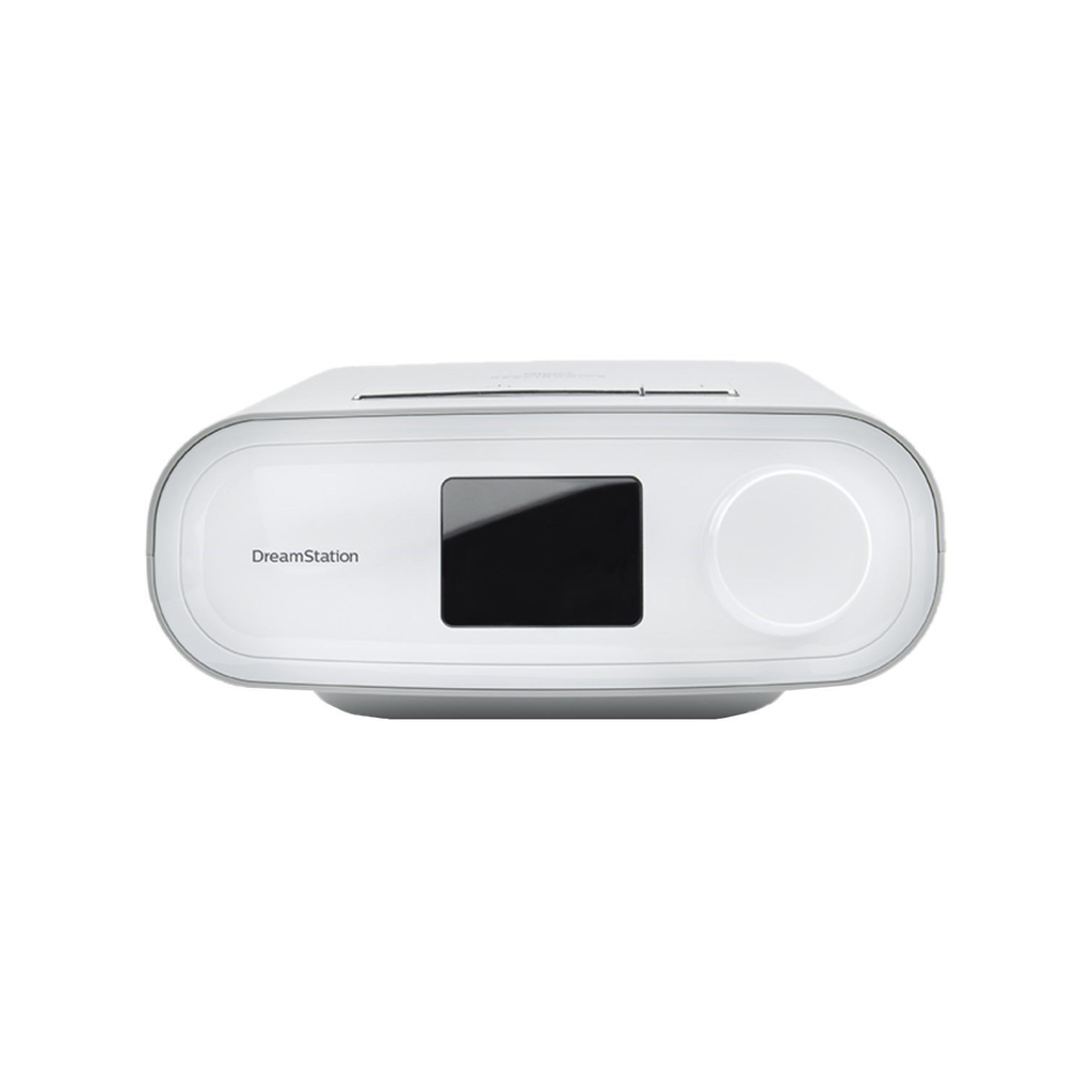 Philips Respironics DreamStation Auto CPAP has a compact, sleek design with an LCD display and a rotary control knob on the front.