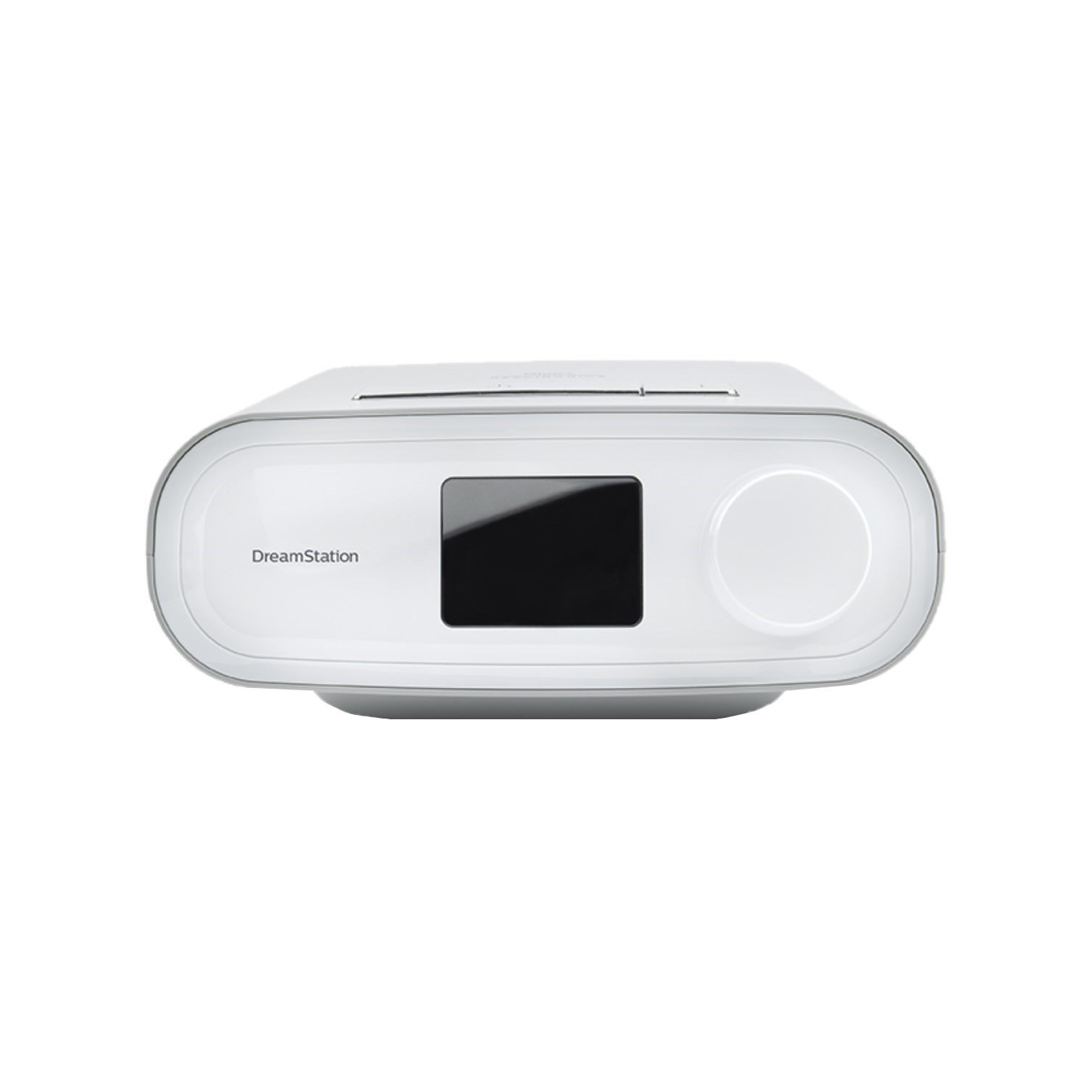 Philips Respironics DreamStation Auto CPAP has a compact, sleek design with an LCD display and a rotary control knob on the front.