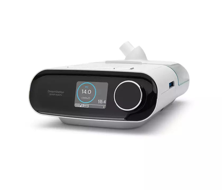 Close-up side view of the Philips Respironics DreamStation BiPAP AVAPS 25 with the DreamStation Humidifier attached.