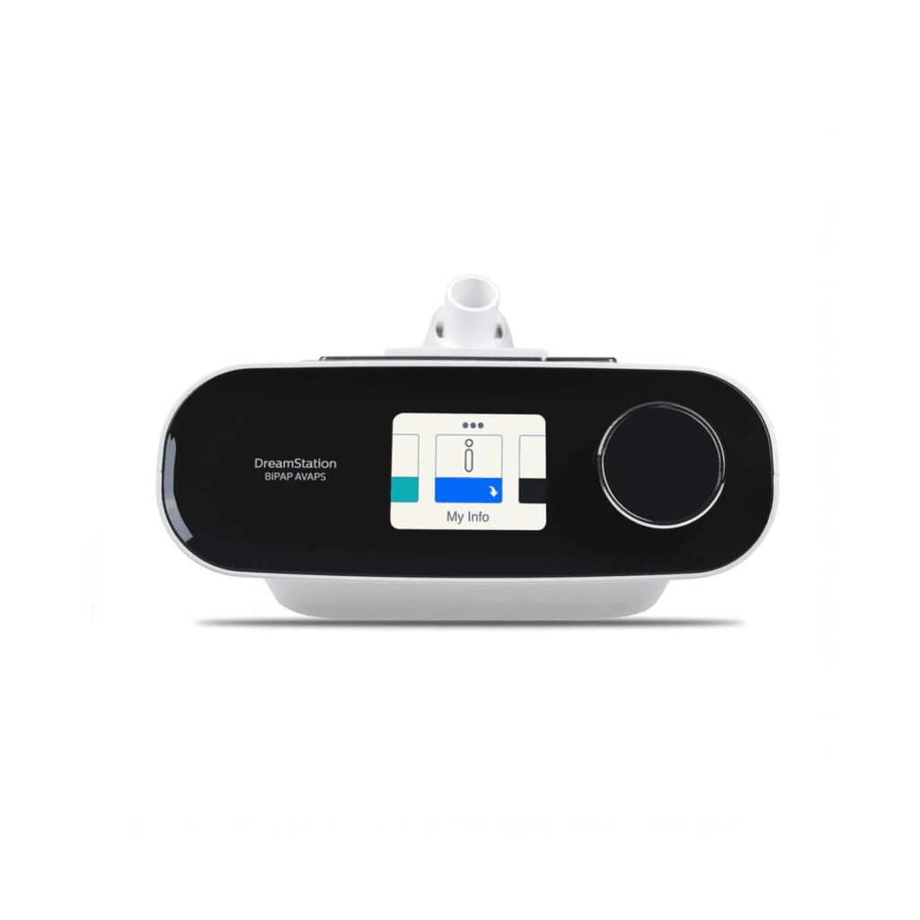 The Philips Respironics DreamStation BiPAP AVAPS 25 ventilator has an LCD display and rotary knob, providing a compact design for advanced respiratory therapy.