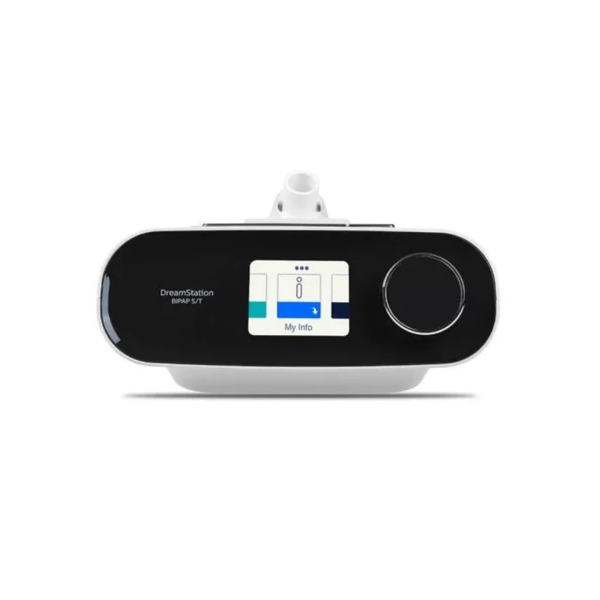 The Philips Respironics DreamStation BiPAP S/T has a compact, sleek design with an LCD display and a rotary control knob on the front.
