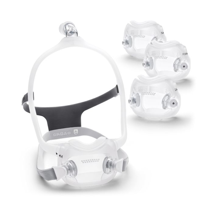 Philips Respironics DreamWear Full Face mask with various under-the-nose cushion sizes to fit every patient.