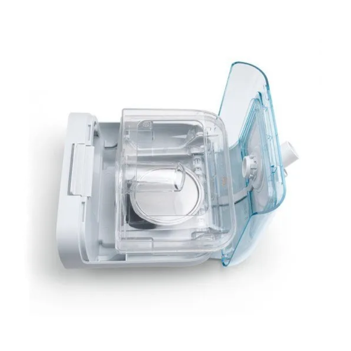 The Philips Respironics DreamStation Humidifier chamber opened, revealing the water tank used for humidification during CPAP therapy.