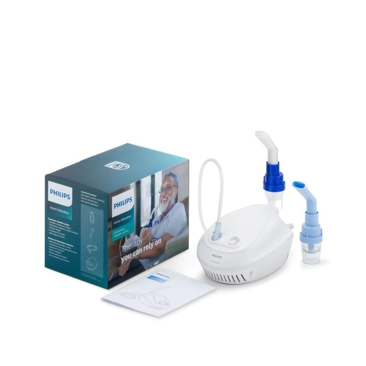 Philips Respironics HomeNeb Compressor Nebulizer, including its packaging, the reusable and disposable SideStream Nebulizer chamber, and the compressor.