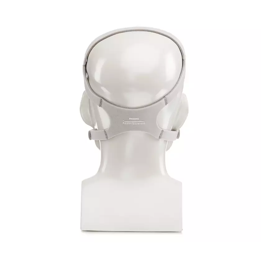 Back view of a mannequin wearing the Philips Respironics Pico nasal mask with headgear.