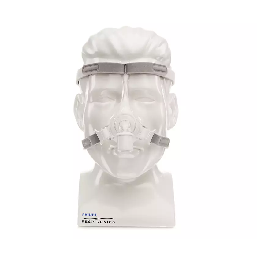Front view of a mannequin wearing the Philips Respironics Pico nasal mask with headgear.