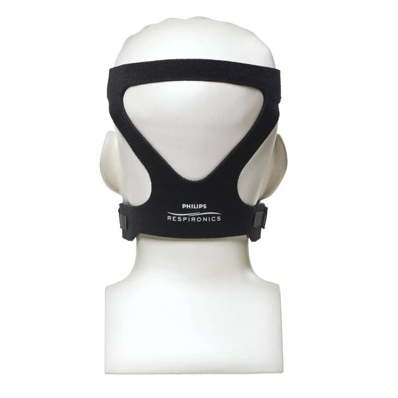 Back side view of a mannequin wearing the Philips Respironics Premium four-point headgear