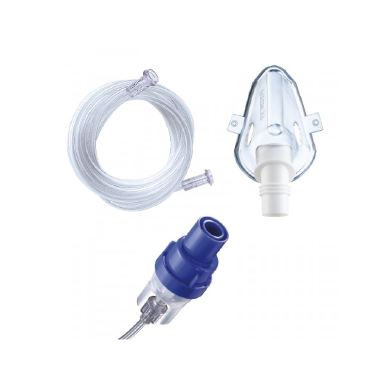 The image depicts a disposable nebulizer tube, an adult disposable mask, and a disposable SideStream nebulizer chamber.