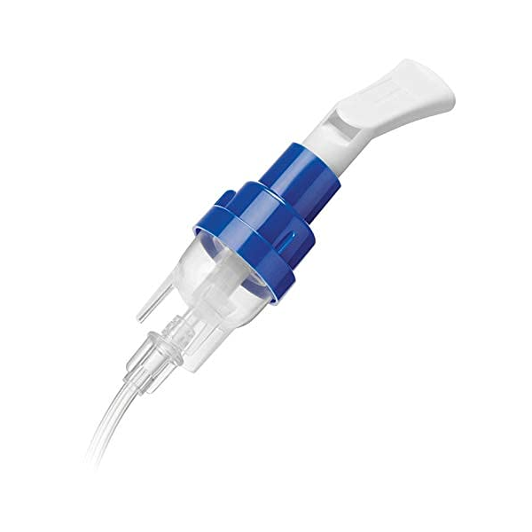 The disposable Philips Respironics SideStream nebulizer chamber with the mouthpiece attached.