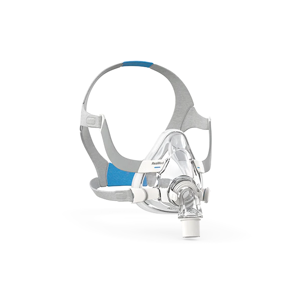 Side view of ResMed AirFit F20 Full Face Mask with Headgear and Magnetic Clips.