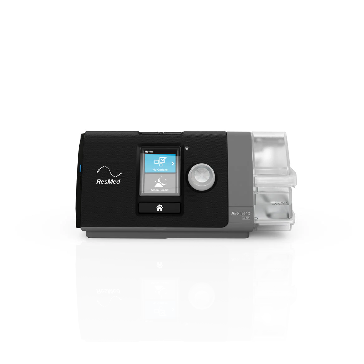ResMed AirStart 10 APAP Auto CPAP device featuring an LCD display, a rotary control knob at the front, and a detachable humidifier compartment.