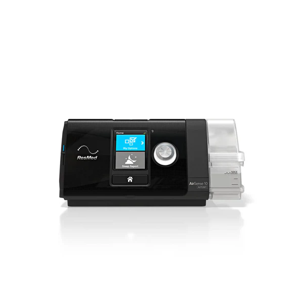 ResMed AirSense 10 Autoset CPAP machine with LCD display, rotary control, and detachable humidifier.