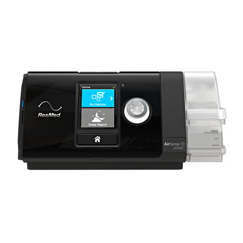 Close-up of the ResMed AirSense 10 Autoset CPAP machine featuring an LCD display, rotary control, and detachable humidifier.