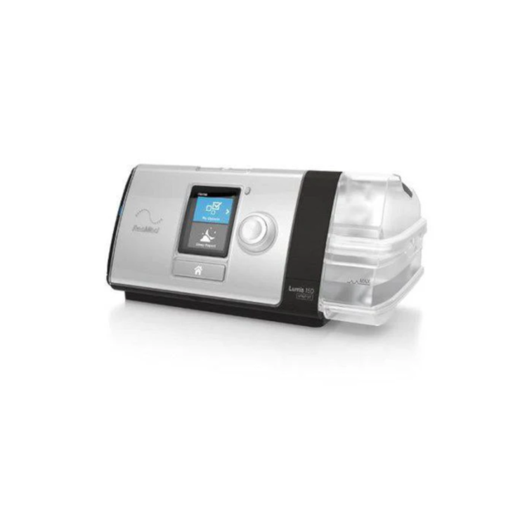 Side view of ResMed Lumis 150 VPAP ST, a non-invasive ventilator with an OLED display, rotary knob in front, and a detachable humidifier compartment.