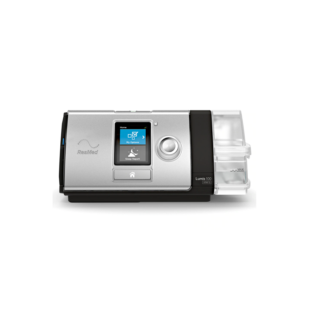 The ResMed Lumis 100 VPAP ST is a non-invasive ventilator featuring an OLED display, a rotary knob at the front, and a detachable humidifier compartment.
