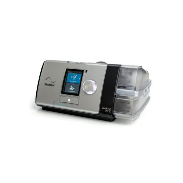 Side view of ResMed Lumis 100 VPAP ST, a non-invasive ventilator with an OLED display, rotary knob in front, and a detachable humidifier compartment.